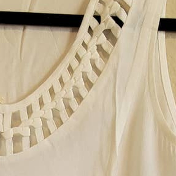Mystree Womens White Tank Round Neck Lattice Trim Small - Picture 3 of 3